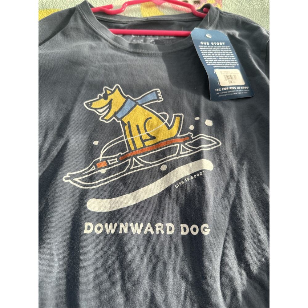 Women's Small Life Is Good Downward Dog Crusher Blue Long Sleeve T-Shirt NWT